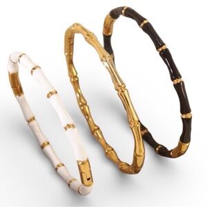 Bamboo Rayon Bracelet Set Black & White & Gold Enamel Cuff 3 pcs set